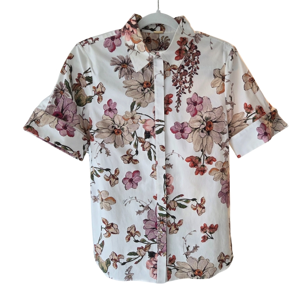 Adam Lippes EUC Short Sleeve Poplin Button-Up Neutral Lavender Floral Print 6